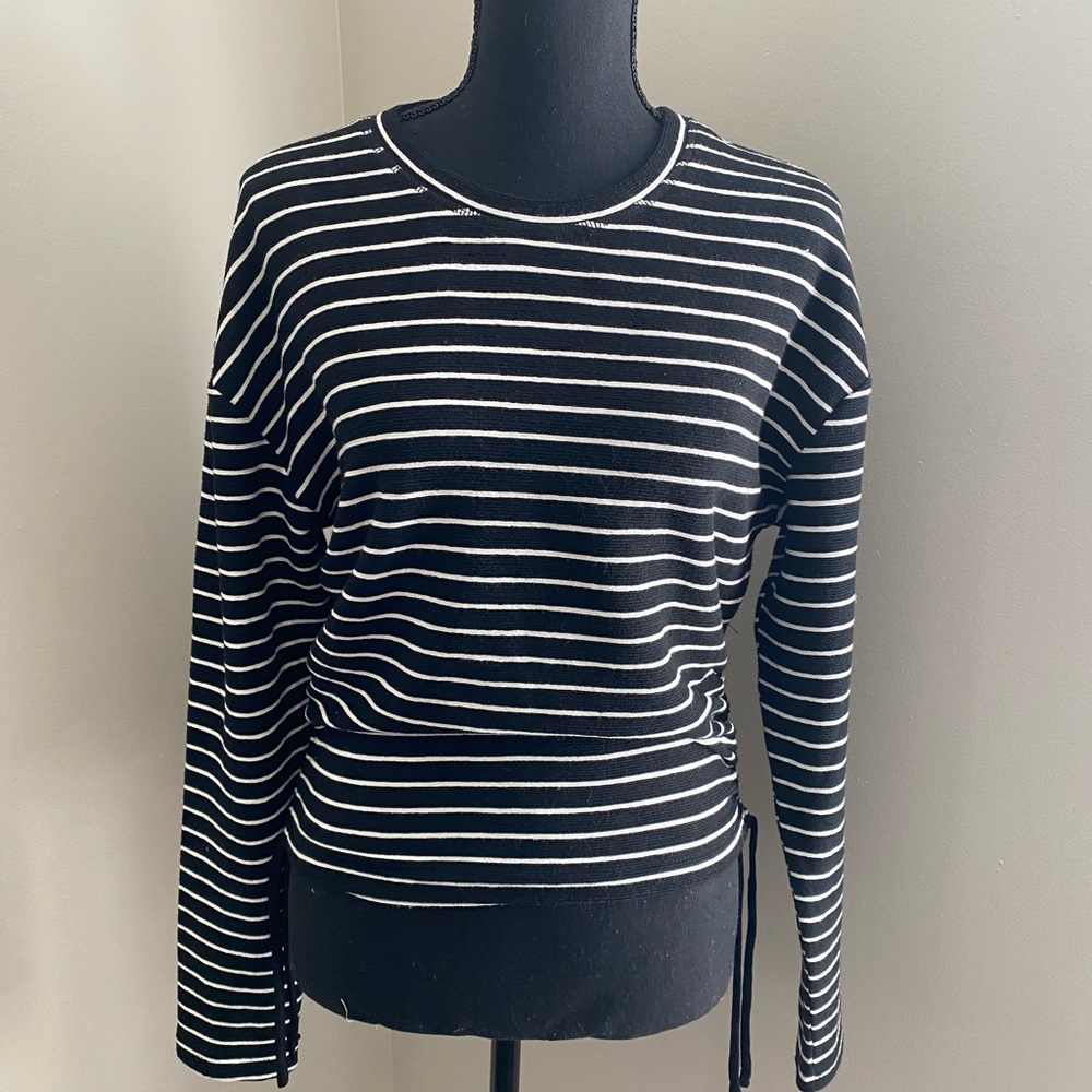 Zara Black and White stripe long sleeve sweater with side pull ties NWT SMALL
